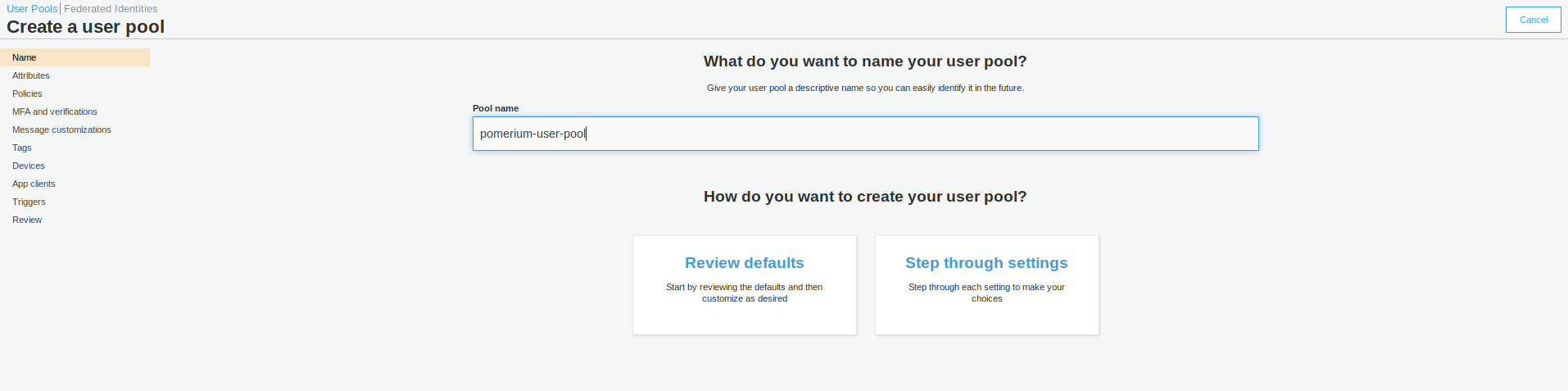 AWS Cognito Naming User Pool